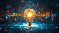 Glowing light bulb floating over digital circuit pattern with orange and blue bokeh particles, symbolizing innovation and technological breakthrough.