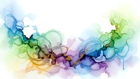 Abstract watercolor smoke flowing in vibrant blue, green, purple and yellow hues on white background for creative design projects.