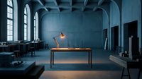 Young woman with light skin tone, wearing casual clothing, sitting on wooden desk in minimalist industrial loft space with blue-toned walls, large windows, and modern furniture for creative workspace concepts.