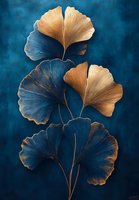 Golden and navy blue ginkgo leaves arrangement on dark background, elegant botanical art composition for luxury home decor and wall art prints.