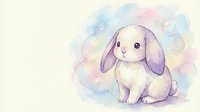 Adorable watercolor bunny rabbit with purple ears sitting on pastel background with soap bubbles for nursery decor and children's illustration projects.