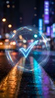 Glowing neon checkmark hologram with electric blue lightning on a rainy city street at night, reflecting colorful urban lights.