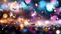 Festive celebration background with flying golden confetti and colorful bokeh lights creating magical party atmosphere against dark backdrop.