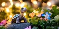 Whimsical garden scene with smiling toy turtle figurine on rock surrounded by colorful flowers and magical bokeh lights creating enchanted atmosphere.