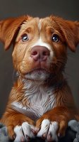 Adorable brown and white puppy with striking blue eyes gazing directly at camera with innocent expression. Close-up portrait perfect for pet care, veterinary services, or animal adoption campaigns.