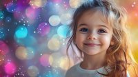 Smiling young Caucasian girl with blue eyes and light brown hair against colorful bokeh background with magical sparkle effects and dreamy atmosphere.