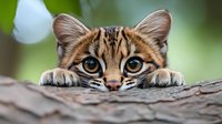 Small wild cat with large blue eyes peeking over wooden log in natural forest habitat. Adorable feline predator with striped fur pattern and alert expression.