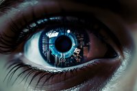 Futuristic cyber eye with digital circuit pattern and blue technological interface overlay showing advanced biometric scanning and artificial intelligence concept.