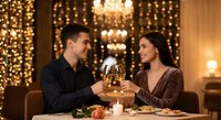 Young couple toasting with wine glasses during romantic dinner date in elegant restaurant with warm lighting and festive atmosphere.