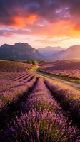 Lavender field rows leading to mountain range during golden hour sunset with dramatic purple and orange sky creating peaceful agricultural landscape.