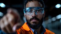Middle Eastern man wearing protective safety glasses and orange high visibility workwear in industrial environment, looking confidently at camera. Dark background with bokeh lights.