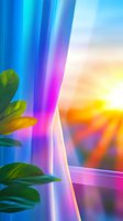 Vibrant rainbow light beams streaming through window with green plant leaves creating colorful interior atmosphere for modern home decor concepts.