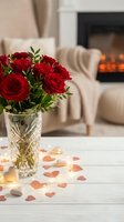Red roses bouquet in crystal vase with heart confetti on white table, cozy living room with fireplace background for romantic occasions and celebrations.