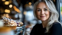 Smiling blonde Caucasian woman enjoying pastries at modern cafe counter. Professional lifestyle portrait for hospitality and food service marketing campaigns.