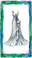 Elegant sleeveless gown with draped bodice and flowing train, rendered in pen sketch style within watercolor border in green and blue tones. Fashion illustration for design inspiration.