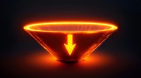 Glowing orange neon funnel with downward arrow on dark background, futuristic digital concept visualization for business conversion and data flow process.