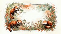 Red pandas playing among autumn foliage create decorative border frame with warm orange and green botanical elements on white background.