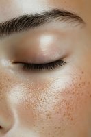 Close-up macro shot of closed eye with natural freckles on fair skin. Long eyelashes and defined eyebrow detail showcase natural beauty and skin texture.