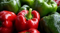 Fresh red and green bell peppers with water droplets, colorful organic vegetables for healthy cooking and nutrition concepts.
