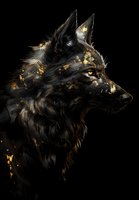 Majestic black wolf with golden accents against dark background, profile view showing detailed fur texture and amber eyes for fantasy art projects.