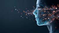 Profile view of digital face dissolving into glowing particles with blue and orange light effects against dark background, representing artificial intelligence and technology.