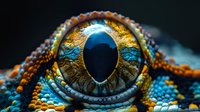 Extreme close-up of reptile eye with vibrant blue iris and detailed scales showing intricate patterns and textures in macro photography style.