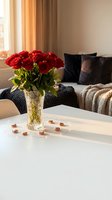 Red roses in crystal vase on white table with scattered petals in cozy living room interior with warm sunlight and soft furnishings for romantic decor.
