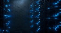 Modern data center server room with glowing blue LED lights and network connections for technology and cloud computing applications.