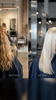 Hair transformation before and after showing blonde woman getting professional salon treatment from damaged wavy hair to smooth straight platinum blonde.
