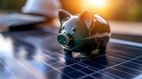 Pink piggy bank on solar panel with warm sunlight representing renewable energy savings and sustainable investment for future financial planning.