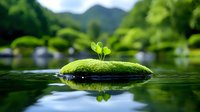 Small green plant seedling growing on moss-covered rock in pristine mountain lake with lush forest background. Symbol of new life, growth and environmental harmony.