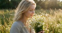 Young blonde woman smelling fresh chamomile flowers in sunny meadow during golden hour. Natural beauty and wellness concept for aromatherapy and herbal medicine.