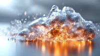 Glowing cloud shape with water drops and orange light effects on reflective surface creates dramatic atmosphere for technology and innovation concepts.