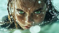 Intense close-up portrait of young woman with wet dark hair and striking green eyes emerging from water with droplets and splashes creating dramatic atmosphere.
