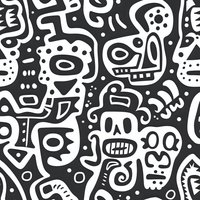 Monochrome seamless pattern with abstract tribal masks and skull faces in primitive art style. Black and white repeating background with mystical ethnic elements.