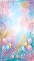 Pastel watercolor birthday background with balloons, gifts, confetti, and floral border, offering copy space for festive greeting cards or invitations.