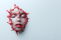 Female face emerging through white surface with dramatic red liquid splash crown forming artistic portrait, expressing emotion and transformation. Suitable for beauty concepts.