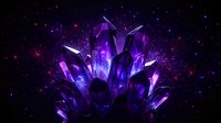 Purple crystal cluster formation glowing against cosmic starry space background with nebula effects for fantasy and mystical design projects.