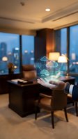 Businessman hand displaying holographic cloud computing network icons in modern office with city skyline view for digital transformation concepts.