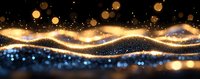 Abstract golden light waves with glowing particles and bokeh effect on dark background, creating magical flowing energy pattern. Luxury design element.