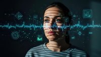 Young Caucasian man with digital interface projections on face showing futuristic technology concept for artificial intelligence and biometric scanning.