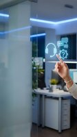 Hand touching virtual customer service icons in modern office environment with digital support interface technology.
