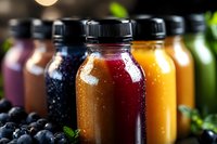 Colorful fruit juice bottles with fresh berries and mint leaves for healthy nutrition and wellness lifestyle concepts.