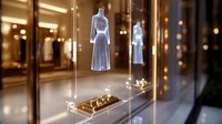 Luxury fashion boutique window display featuring elegant pleated dress on mannequin with soft bokeh lights and golden decorative elements. Retail storefront at night.