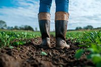 Muddy rubber boots standing in freshly tilled soil between green crop rows on agricultural field, low angle view against cloudy sky background.