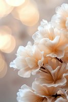 Delicate white petals with soft peach undertones against blurred bokeh background create dreamy floral composition for romantic and wedding designs.