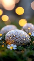 Speckled Easter egg nestled in spring grass with daisies, illuminated by warm bokeh lights creating magical holiday atmosphere. Soft focus macro photography.