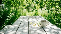 Young woman with fair complexion enjoying outdoor leisure time, seated at rustic wooden table with hot beverage and fresh flowers in natural garden setting.