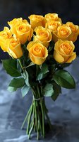 Vibrant bouquet of golden yellow roses with lush green foliage arranged in clear glass vase, perfect for floral design, celebrations, and greeting cards.