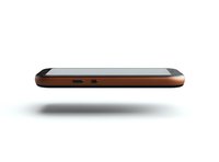 Modern smartphone floating in air showing side view with copper metallic frame and charging port against white background, isolated design element.